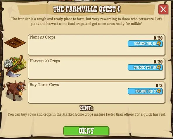 Farmville quest task list with goals to collect food crops and resources.