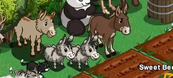 Cartoon animals on a farm, including a panda, donkeys, and goats near a garden.