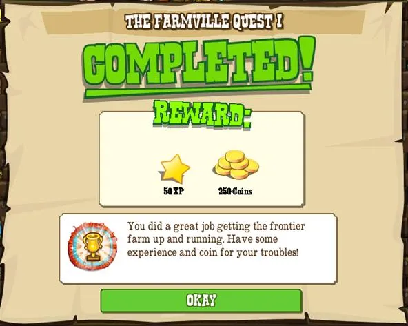 "Completion reward screen for a quest in a game, displaying stars and coins earned."