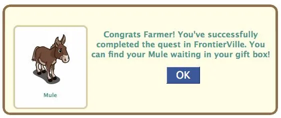 Mule character in FrontierVille game notification.