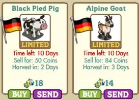 Farm game characters featuring a Black Pied Pig and an Alpine Goat with pricing and harvesting information.