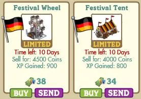 Festival Wheel and Festival Tent with limited time offers, including coin prices and experience points.