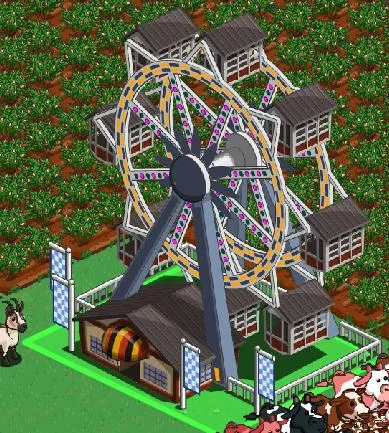 Colorful Ferris wheel at an amusement park with small buildings and cartoon-like characters nearby.