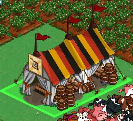 Colorful striped tent with barrels and a farm scene in the background.