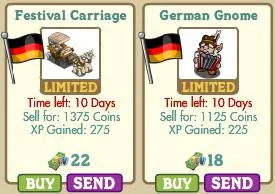 Festival Carriage and German Gnome limited time items with pricing and experience points information.