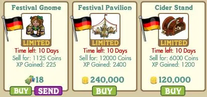 Festival-themed items including a gnome, pavilion, and cider stand with pricing and time limits.