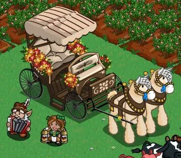 Horse-drawn carriage decorated with flowers in a grassy landscape.