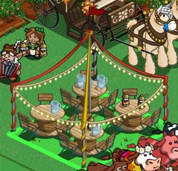 A festive outdoor dining setup with tables, string lights, and decorative elements.