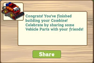 Vehicle parts sharing notification for completed Combine build in a game.