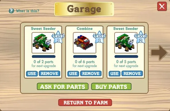 Garage menu displaying vehicles: Sweet Seeder and Combine with options to use or remove parts.