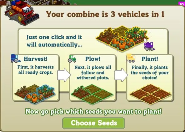 Alternative text for farming game tutorial: "Step-by-step guide for using a combine in a farming game, featuring harvesting, plowing, and planting crops."
