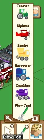 Icons of various farm vehicles and tools, including a tractor, airplane, scooter, fire truck, combine, and plow tool.