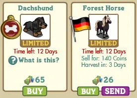 Dachshund and Forest Horse game items with limited time sale information.