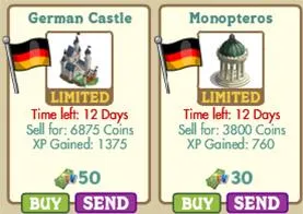German Castle and Monopteros in a virtual marketplace with pricing and time limits.