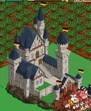 A cartoon-style castle with towers and flags in a green landscape.