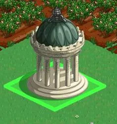 Gazebo with a green dome and white pillars in a garden setting.
