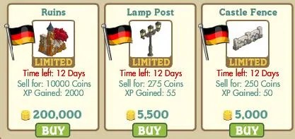 Game assets showcasing a ruins, lamp post, and castle fence for sale, each with pricing and limited availability details.
