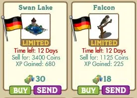 Limited-time items: Swan Lake (3,400 coins, 680 XP) and Falcon (1,125 coins, 225 XP) available for purchase.
