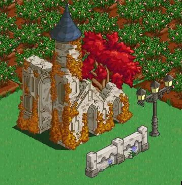 A whimsical, overgrown stone castle surrounded by greenery and an autumn tree.