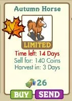 Autumn Horse game card with limited availability, selling for 140 coins and a harvest time of 3 days.