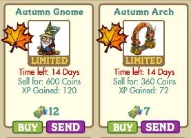 Autumn-themed gnome and arch with limited availability and pricing details.