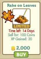 Rake on Leaves game item with limited time offer and details on purchase and rewards.