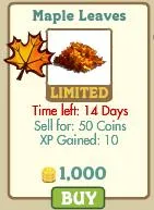 Maple leaves item for sale, limited edition, with pricing and experience points details.