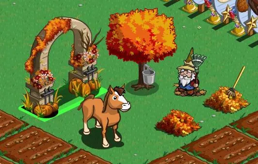 A brown horse beside a colorful tree and a wizard character in a farming game setting.
