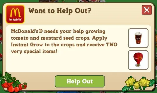 McDonald's advertisement for growing tomato and mustard seed crops in a game.