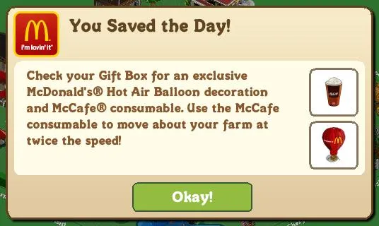 McDonald's Hot Air Balloon decoration and McCafe consumable promotion in a game.