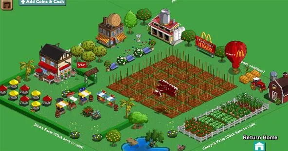 A colorful farm scene featuring various buildings, crops, and a hot air balloon.