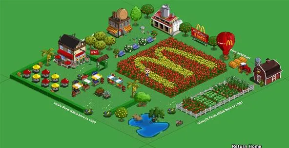 Aerial illustration of a farm layout with a McDonald's logo made from crops, featuring buildings, trees, and a pond.