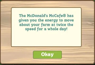 Text promoting McDonald's McCafe and its benefits in a farming game context.