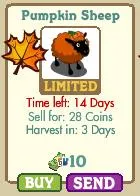 Pumpkin Sheep information card with sale and harvest details.