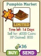 Limited time offer for Pumpkin Market item, available for 14 days, selling for 4000 coins and yields 800 XP.