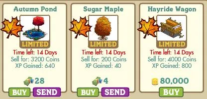 Autumn-themed virtual items for sale: pond, tree, and wagon, with details on currency, time limit, and experience points.