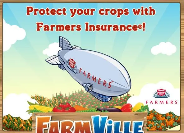 Farmers Insurance promotional image featuring a blimp over a farm landscape.