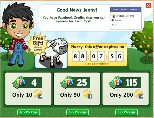 Free gift offer for Farm Cash with countdown timer and character illustration.