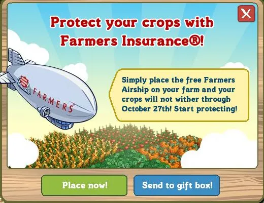 Farmers Insurance advertisement promoting crop protection with a blimp.