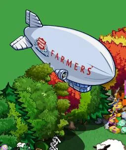 Farmers blimp flying over a colorful landscape.