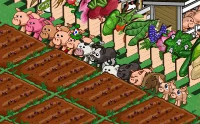 Farm scene with colorful animals and crops in a garden.