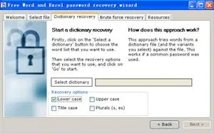 Password recovery software interface with options for dictionary selection and recovery methods.