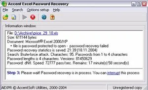 Excel password recovery software interface displaying recovery status and instructions.