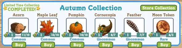 Autumn-themed collection of decorative items including acorns, maple leaves, pumpkins, cornucopia, feathers, and moon tokens.