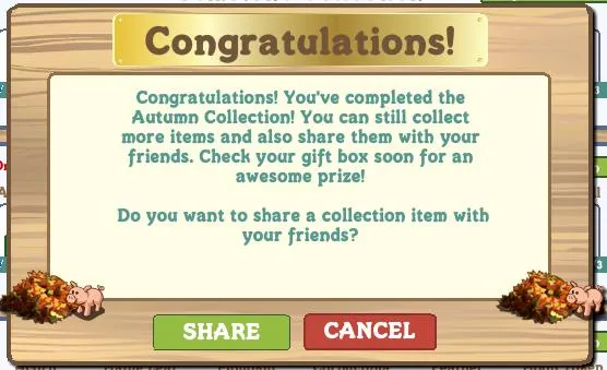 Autumn Collection completion notification with sharing prompt.