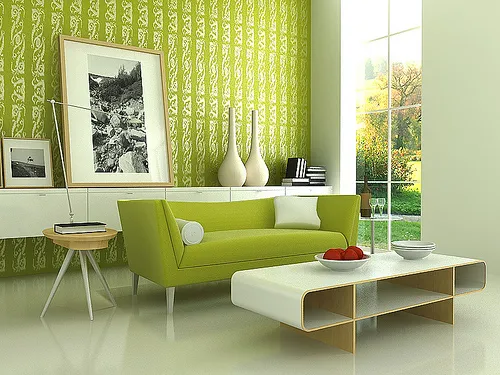 Modern living room with green accent wall and stylish furniture.