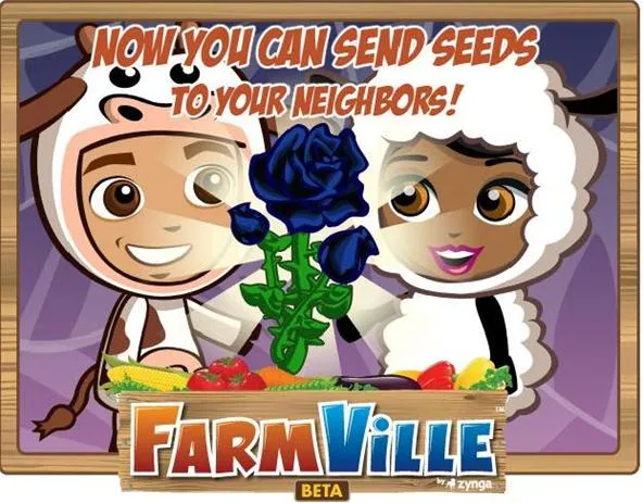 FarmVille promotional image featuring two cartoon characters, one in a sheep costume and the other in a cow costume, holding a blue rose with text about sending seeds to neighbors.