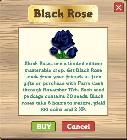 Black rose description for Farm Cash rewards in a game.