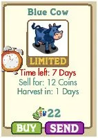 Blue Cow game item card with purchase details and timer