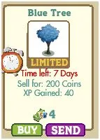 Blue tree item card with limited availability, selling for 200 coins and granting 40 XP.